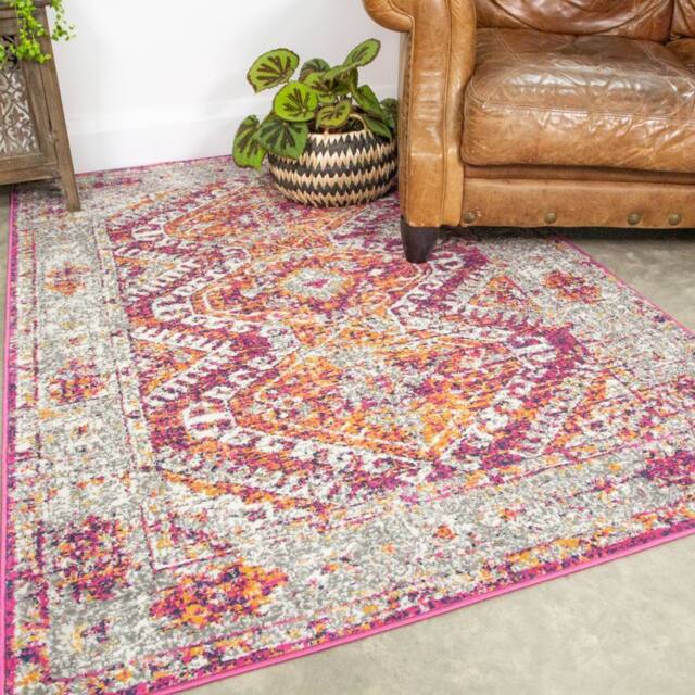 Kukoon Pink Grey Geometric Medallion Bordered Rug in Fuchsia - Size: 60 cm x 240 cm - image 1