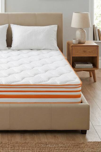 Orange-Trimmed Mattress with Soft Wave Foam & Reinforced Springs in White - Size: King - image 1