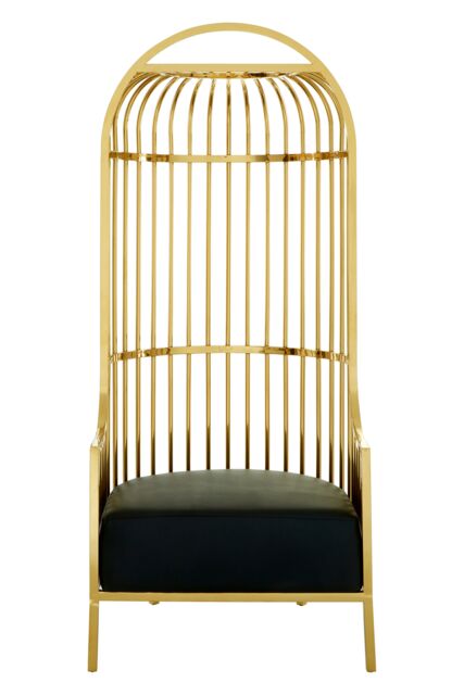 Orsina Silver Finish Dome Cage Chair, Statement Stainless Steel Art Deco Accent Chair, Cage Design with Faux Leather in Gold - image 1
