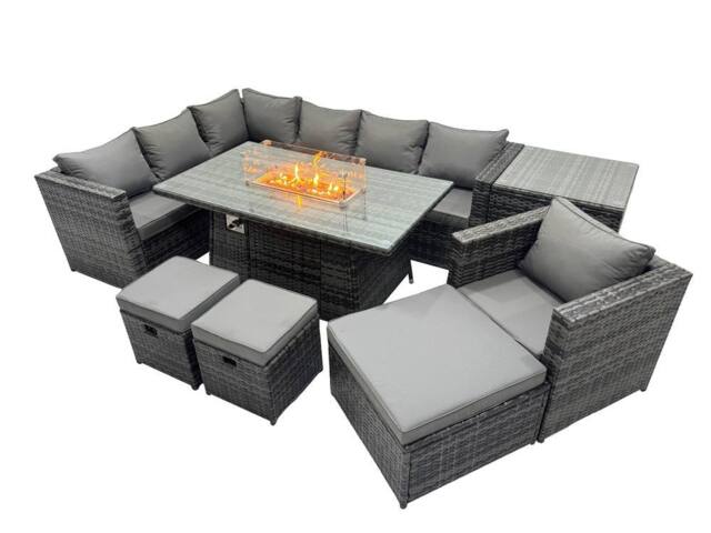 Fimous Rattan Garden Furniture Dining Set 10-seater with Side Table 3 Stool in Dark Grey - image 1