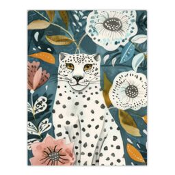 "Artery8 Snow Leopard Floral Pattern Watercolour Folk Art Wall Art Print in Blue - Size: W18"" x H24""" - thumbnail 1