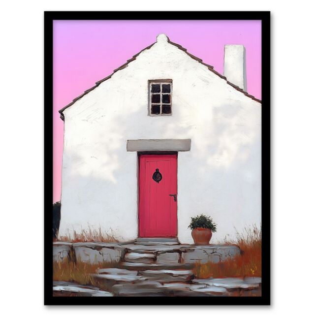 "Artery8 Scottish White Bothy Cottage With Red Front Door Framed Art Print in Pink - Size: W12"" x H16""" - image 1