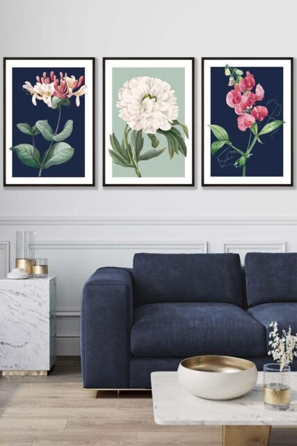 ARTZE Set of 3 Black Framed Vintage Flowers Honeysuckle Blue & Green Wall Art in Navy - Size: W33 cm x H45 cm x D20mm - image 1