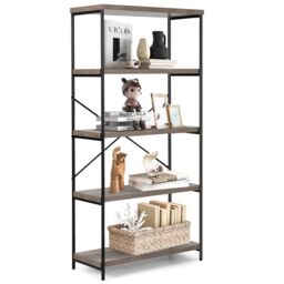 Costway 5-Tier Bookshelf Industrial Wood Bookcase Freestanding Display Rack Organizer in Grey - thumbnail 1