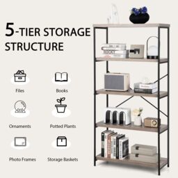 Costway 5-Tier Bookshelf Industrial Wood Bookcase Freestanding Display Rack Organizer in Grey - thumbnail 3