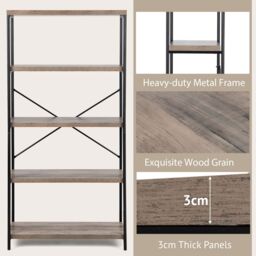Costway 5-Tier Bookshelf Industrial Wood Bookcase Freestanding Display Rack Organizer in Grey - thumbnail 4