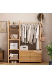 Living and Home Freestanding Bamboo Clothes Rack Garment Rack with Storage Shelves Coat Hanger in Natural - Size: Large - thumbnail 2