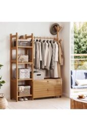 Living and Home Freestanding Bamboo Clothes Rack Garment Rack with Storage Shelves Coat Hanger in Natural - Size: Large - thumbnail 9
