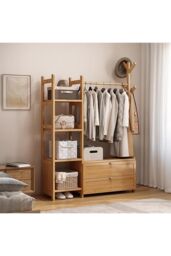 Living and Home Freestanding Bamboo Clothes Rack Garment Rack with Storage Shelves Coat Hanger in Natural - Size: Large