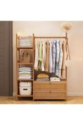 Living and Home Freestanding Bamboo Clothes Rack Garment Rack with Storage Shelves Coat Hanger in Natural - Size: Large - thumbnail 3