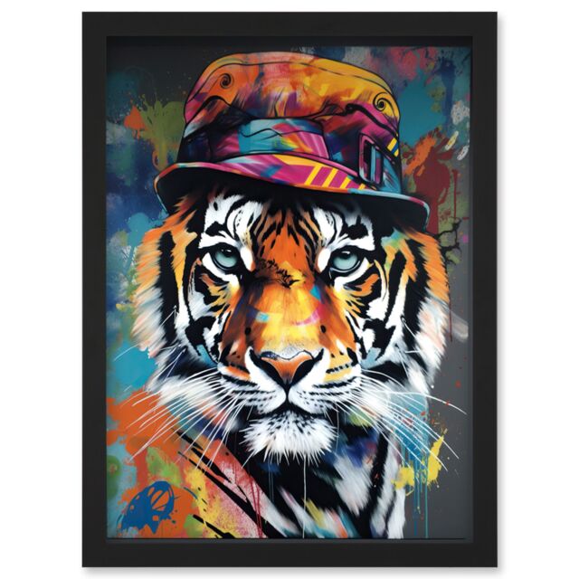 Artery8 Tiger Wearing a Bucket Hat Vibrant Multicoloured Artwork Framed Wall Art Print A4 in Black - image 1