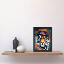 Artery8 Tiger Wearing a Bucket Hat Vibrant Multicoloured Artwork Framed Wall Art Print A4 in Black - thumbnail 2