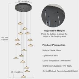 NIVOR 15 Light Cluster LED Dimmable Pendant Light Long Staircase Chandelier in Grey - thumbnail 2