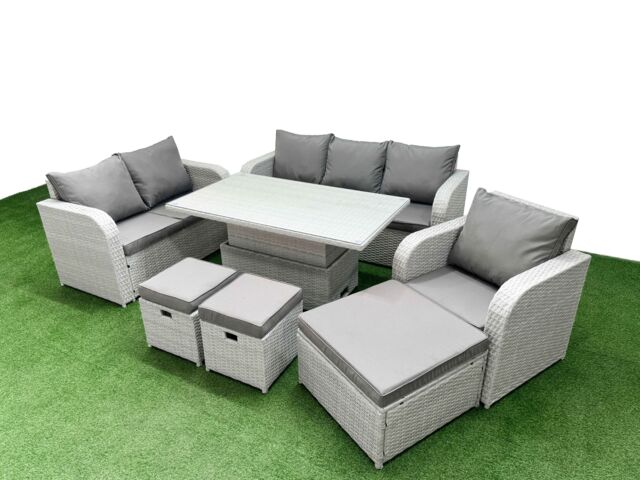 Fimous Patio PE Wicker 9 Seater Outdoor Rattan Furniture Sofa Sets w/ Adjustable Lifting Dining or Coffee Table Reclining Chair Loveseat Sofa 3 - image 1