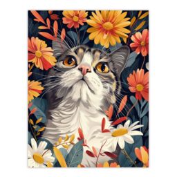"Artery8 Wall Art Print Cat in Wildflowers Painting Animal Lover Floral Poster in Orange - Size: W24"" x H32""" - thumbnail 1
