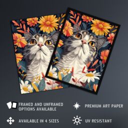 "Artery8 Wall Art Print Cat in Wildflowers Painting Animal Lover Floral Poster in Orange - Size: W24"" x H32""" - thumbnail 2