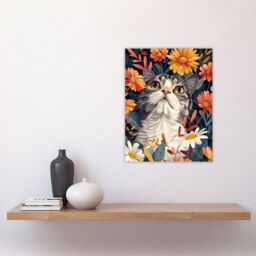 "Artery8 Wall Art Print Cat in Wildflowers Painting Animal Lover Floral Poster in Orange - Size: W24"" x H32""" - thumbnail 4