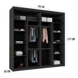MN Furniture Modern Sliding Wardrobe with Oak Strips & LED Light 203x217cm in Black - Size: 203x217 cm - thumbnail 2