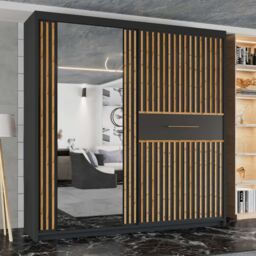 MN Furniture Modern Sliding Wardrobe with Oak Strips & LED Light 203x217cm in Black - Size: 203x217 cm - thumbnail 1