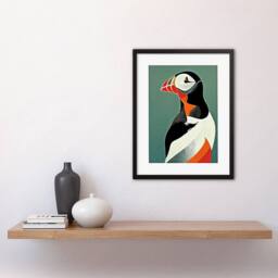 "Artery8 Bright Bold Colourful Atlantic Puffin Bird Artwork Framed Art Print in Blue - Size: W12"" x H16""" - thumbnail 2