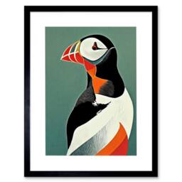 "Artery8 Bright Bold Colourful Atlantic Puffin Bird Artwork Framed Art Print in Blue - Size: W12"" x H16""" - thumbnail 1