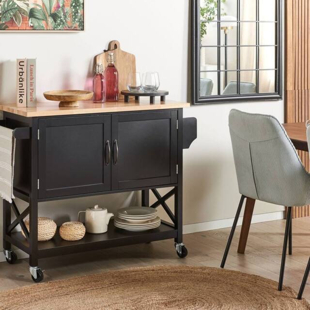 Wyld and Coco Kitchen Trolley - Black MDF with Light Wood Top W102 x D44 x H90cm - image 1