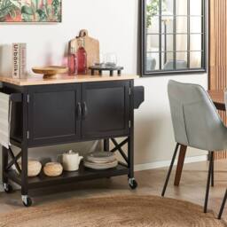 Wyld and Coco Kitchen Trolley - Black MDF with Light Wood Top W102 x D44 x H90cm