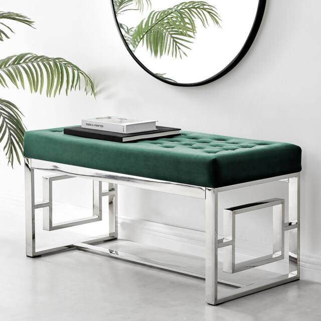 FurnitureboxUK Cambridge Modern Soft Touch Velvet & Silver Metal Bench in Green - image 1
