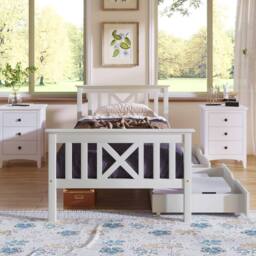 BTM Wooden 3FT Bed Frame with Drawers, Solid Pine, Storage, White - thumbnail 8