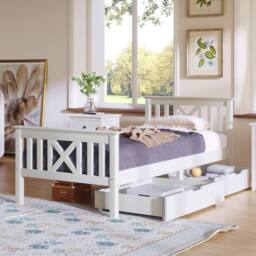 BTM Wooden 3FT Bed Frame with Drawers, Solid Pine, Storage, White - thumbnail 6