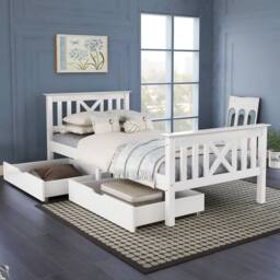 BTM Wooden 3FT Bed Frame with Drawers, Solid Pine, Storage, White - thumbnail 9