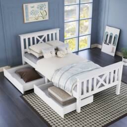 BTM Wooden 3FT Bed Frame with Drawers, Solid Pine, Storage, White - thumbnail 4
