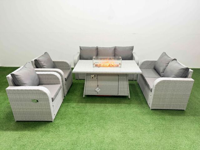 Fimous PE Rattan Garden Furniture Set Reclining Chair Sofa Double Love Seat 2 Seater Sofa Lounge Set Firepit Dining Table Light Grey - image 1