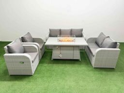 Fimous PE Rattan Garden Furniture Set Reclining Chair Sofa Double Love Seat 2 Seater Sofa Lounge Set Firepit Dining Table Light Grey - thumbnail 2