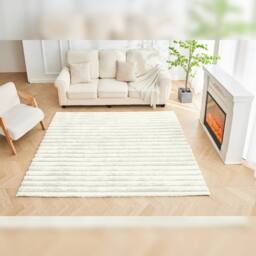 HOME LUXE INTERIOR White Plush Ribbed Rug - Ultra Soft Deep Pile Bedroom Carpet 120x170cm - Size: 80 cm x 150 cm - thumbnail 1