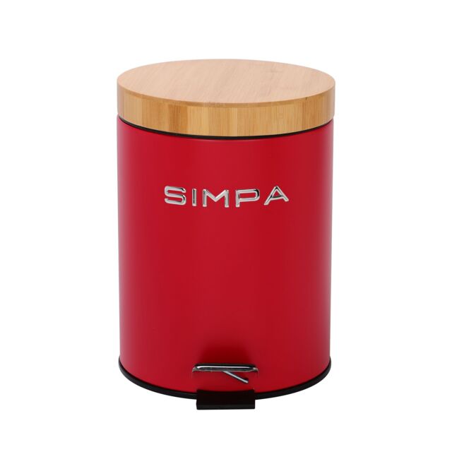 simpa 5L Soft-Closing Pedal Dustbin with Bamboo Lid in Red - image 1