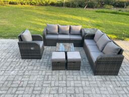 Fimous Outdoor Rattan Garden Furniture Set Conservatory Patio Sofa Coffee Table With Reclining Chair Side Table 2 Small Footstools in Dark Grey - thumbnail 1