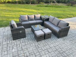 Fimous Outdoor Rattan Garden Furniture Set Conservatory Patio Sofa Coffee Table With Reclining Chair Side Table 2 Small Footstools in Dark Grey - thumbnail 2