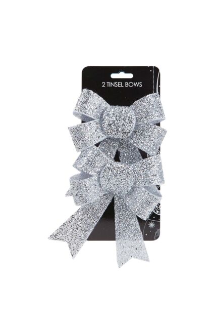 VFM e-Store Tinsel Bows Christmas Decoration X 2 13cm x 17cm x 4. 5cm Silver - Size: 13 cm x 17 cm - image 1