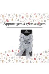 VFM e-Store Tinsel Bows Christmas Decoration X 2 13cm x 17cm x 4. 5cm Silver - Size: 13 cm x 17 cm - thumbnail 2