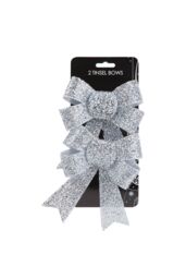 VFM e-Store Tinsel Bows Christmas Decoration X 2 13cm x 17cm x 4. 5cm Silver - Size: 13 cm x 17 cm - thumbnail 1