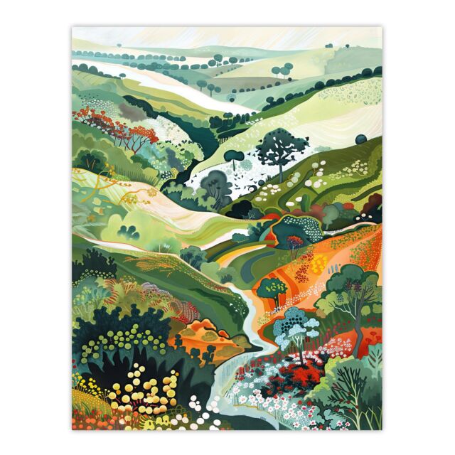 "Artery8 Otley Chevin Forest Park Painting Trippy Summer Wall Art Print in Green - Size: W12"" x H16""" - image 1