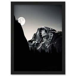 Artery8 Wall Art Print Moonrise by Half Dome in Yosemite National Park High Contrast Black White Photograph Full Moon & Mountain Forest Landscape - thumbnail 1
