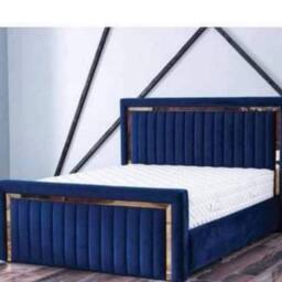 Stratus Interiors Sultan Gold Border Velvet Bed Frame - Slatted Base in Blue - Size: Super King - thumbnail 1