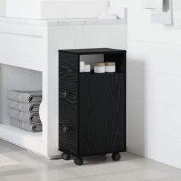 Berkfield Home Narrow Bathroom Cabinet with Wheels Black Oak Engineered Wood - thumbnail 4