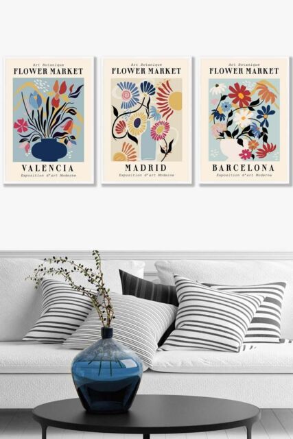 ARTZE Set of 3 White Framed Flower Market Barcelona Exhibition in Bright Colours Wall Art - Size: W33 cm x H45 cm x D20mm - image 1