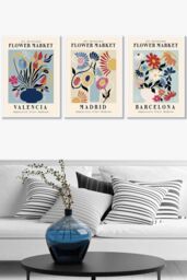 ARTZE Set of 3 White Framed Flower Market Barcelona Exhibition in Bright Colours Wall Art - Size: W33 cm x H45 cm x D20mm - thumbnail 1