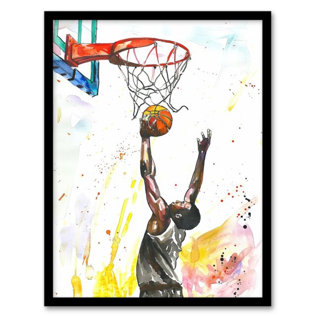 Artery8 Basketball Player Jump Hoop Sport Watercolour Framed Art Print - Size: A4 - image 1