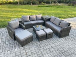 Fimous 10 Seater Outdoor Rattan Garden Furniture Set Conservatory Patio Sofa Coffee Table With Reclining Chair 3 Footstools 2 Side Tables in Dark Grey - thumbnail 2