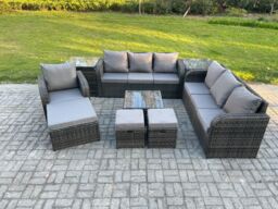 Fimous 10 Seater Outdoor Rattan Garden Furniture Set Conservatory Patio Sofa Coffee Table With Reclining Chair 3 Footstools 2 Side Tables in Dark Grey - thumbnail 1